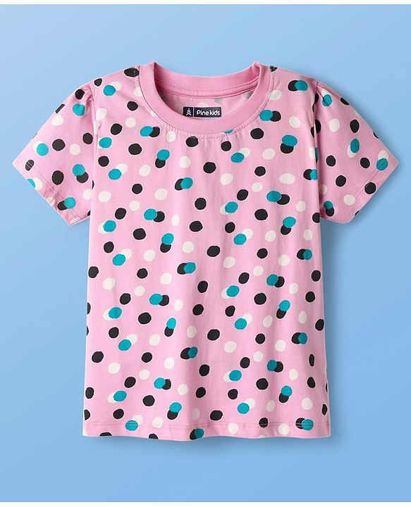 Pine Kids Single Jersey Knit Half Sleeves Capri Night Suit With Polka Dot Print - Pink