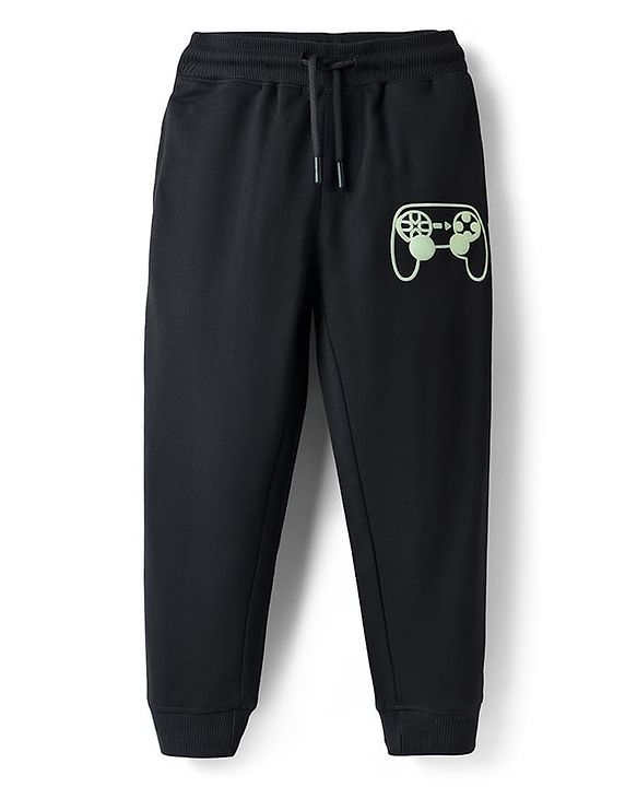 Pine Kids Cotton Knit Full Length  Lounge Pant With Game Print - Black