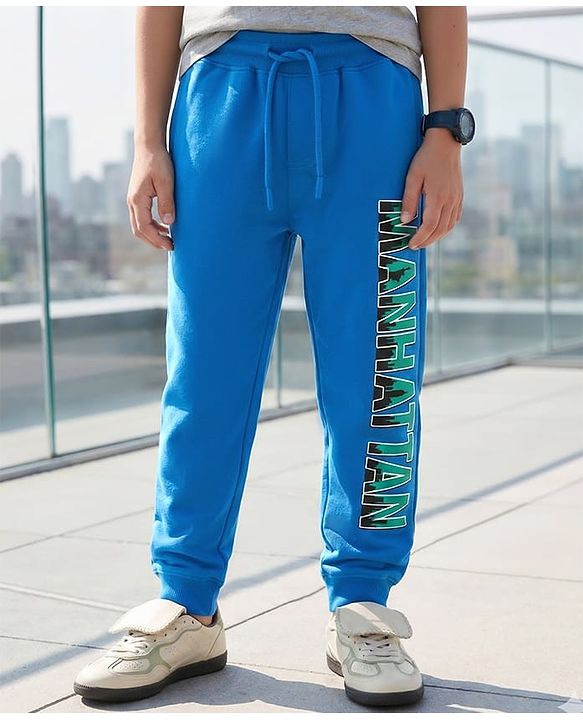 Pine Kids Cotton Knit Full Length Lounge Pant With Text Print - Light Blue