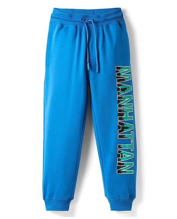 Pine Kids Cotton Knit Full Length Lounge Pant With Text Print - Light Blue