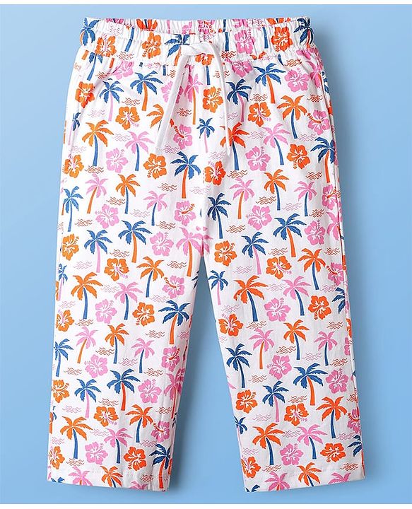 Pine Kids Single Jersey Knit Half Sleeves Floral & Beach Theme Printed Front Open Co-Ords Capri Night Suit - Multi Colour