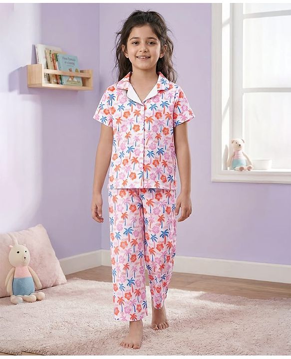 Pine Kids Single Jersey Knit Half Sleeves Floral & Beach Theme Printed Front Open Co-Ords Capri Night Suit - Multi Colour