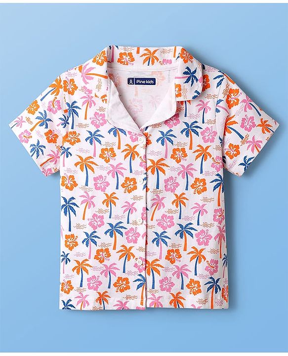 Pine Kids Single Jersey Knit Half Sleeves Floral & Beach Theme Printed Front Open Co-Ords Capri Night Suit - Multi Colour