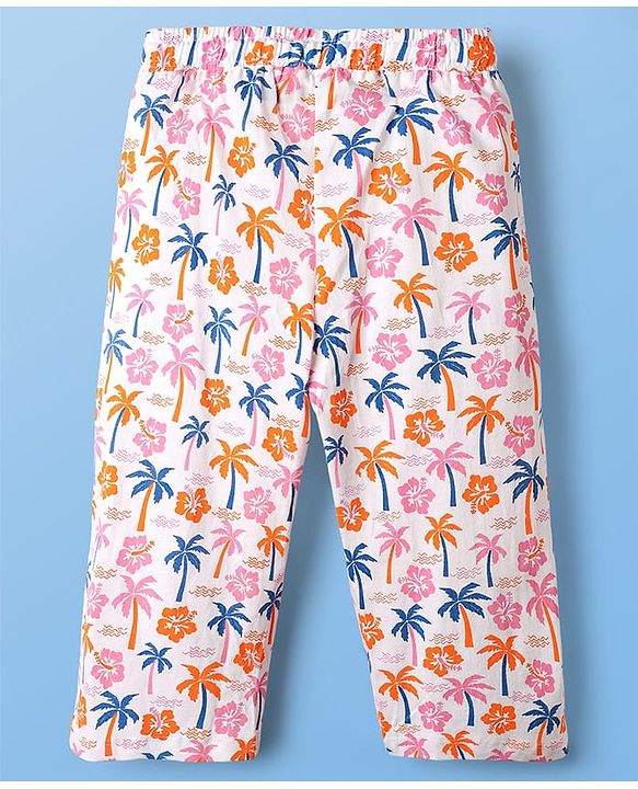 Pine Kids Single Jersey Knit Half Sleeves Floral & Beach Theme Printed Front Open Co-Ords Capri Night Suit - Multi Colour