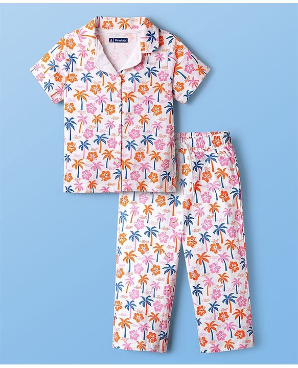 Pine Kids Single Jersey Knit Half Sleeves Floral & Beach Theme Printed Front Open Co-Ords Capri Night Suit - Multi Colour
