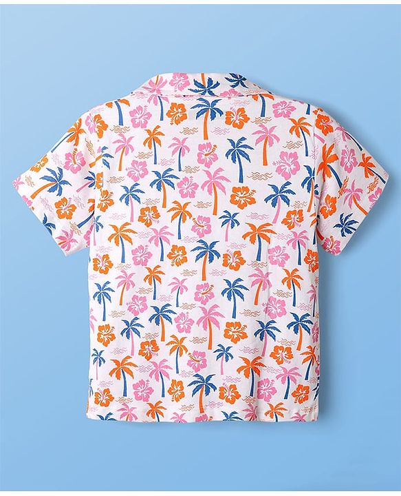 Pine Kids Single Jersey Knit Half Sleeves Floral & Beach Theme Printed Front Open Co-Ords Capri Night Suit - Multi Colour