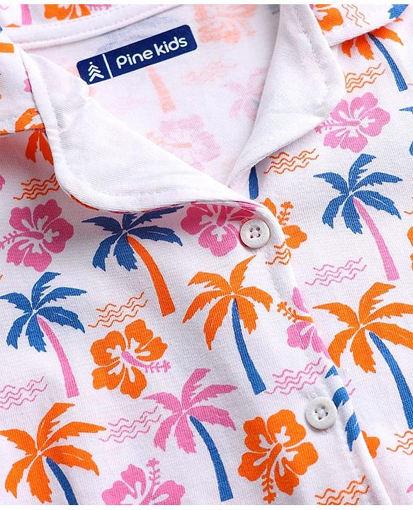Pine Kids Single Jersey Knit Half Sleeves Floral & Beach Theme Printed Front Open Co-Ords Capri Night Suit - Multi Colour
