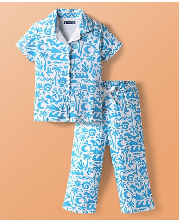 Pine Kids Single Jersey Knit Half Sleeves Beach Theme Printed Front Open Co-Ords Capri Night Suit - White & Light Blue