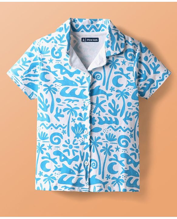 Pine Kids Single Jersey Knit Half Sleeves Beach Theme Printed Front Open Co-Ords Capri Night Suit - White & Light Blue