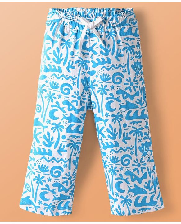 Pine Kids Single Jersey Knit Half Sleeves Beach Theme Printed Front Open Co-Ords Capri Night Suit - White & Light Blue