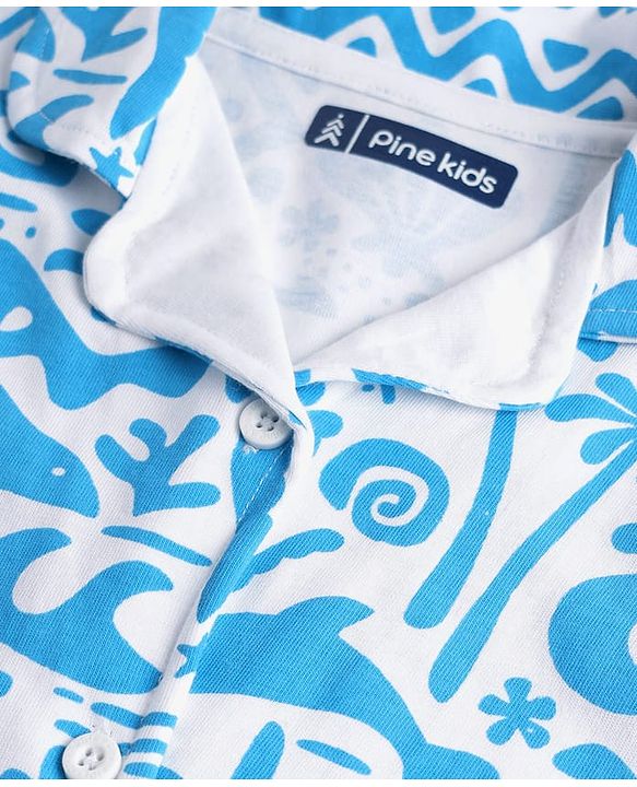 Pine Kids Single Jersey Knit Half Sleeves Beach Theme Printed Front Open Co-Ords Capri Night Suit - White & Light Blue