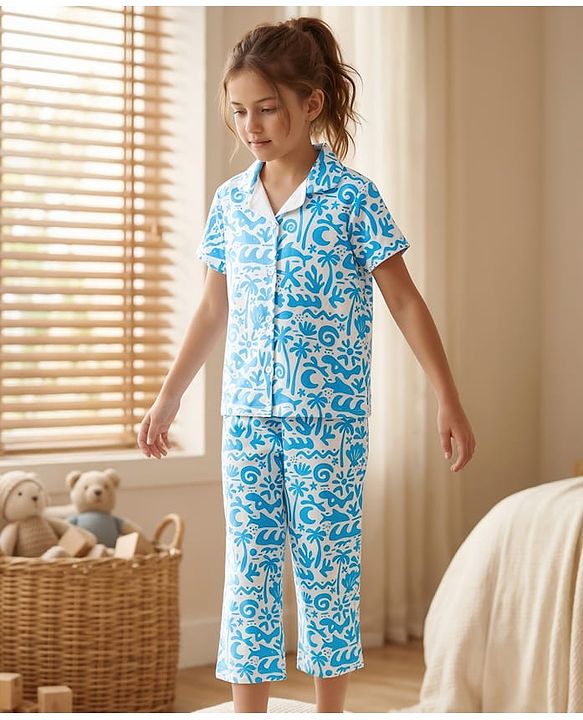 Pine Kids Single Jersey Knit Half Sleeves Beach Theme Printed Front Open Co-Ords Capri Night Suit - White & Light Blue