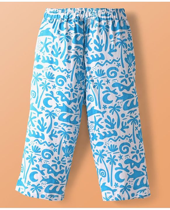 Pine Kids Single Jersey Knit Half Sleeves Beach Theme Printed Front Open Co-Ords Capri Night Suit - White & Light Blue