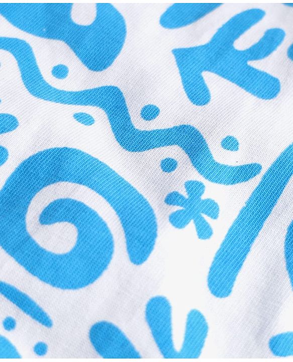 Pine Kids Single Jersey Knit Half Sleeves Beach Theme Printed Front Open Co-Ords Capri Night Suit - White & Light Blue