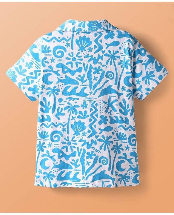 Pine Kids Single Jersey Knit Half Sleeves Beach Theme Printed Front Open Co-Ords Capri Night Suit - White & Light Blue