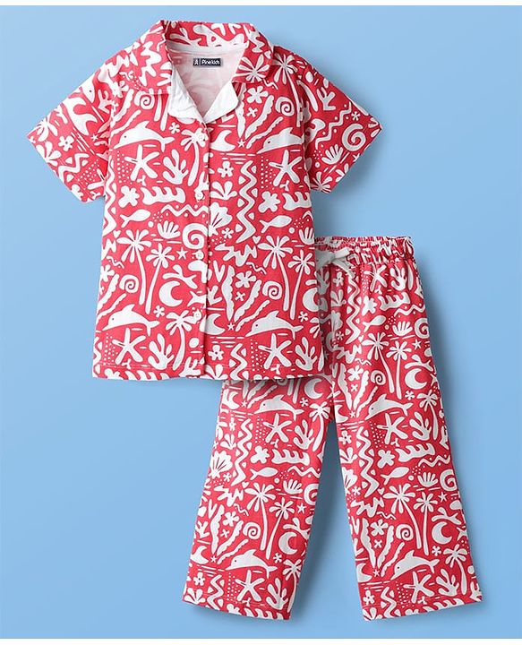 Pine Kids Single Jersey Knit Half Sleeves Co-ords Capri Night Suit With Tropical Theme Print - Red