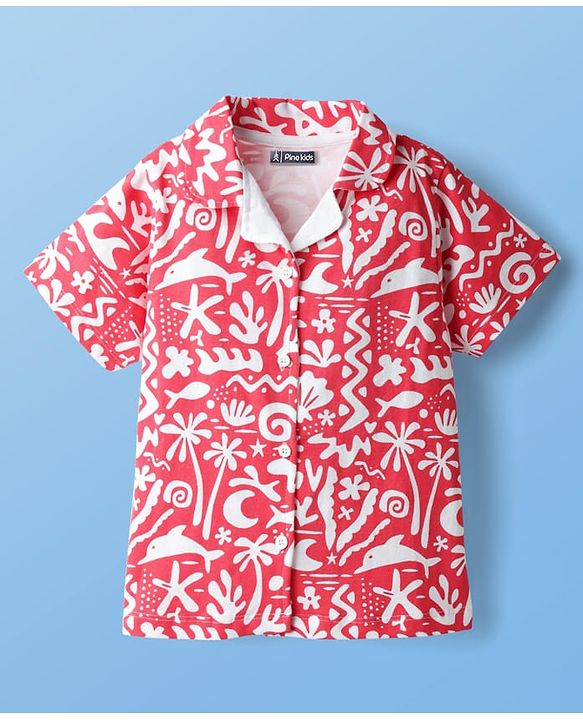 Pine Kids Single Jersey Knit Half Sleeves Co-ords Capri Night Suit With Tropical Theme Print - Red
