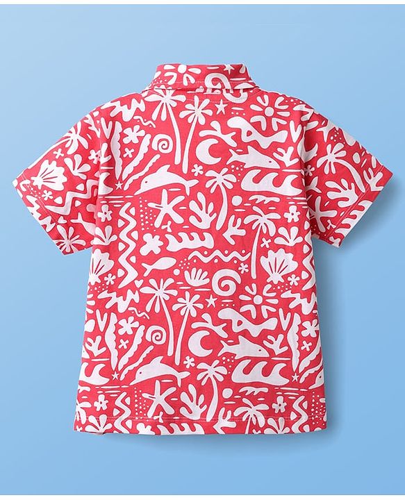 Pine Kids Single Jersey Knit Half Sleeves Co-ords Capri Night Suit With Tropical Theme Print - Red