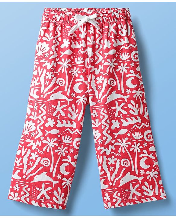 Pine Kids Single Jersey Knit Half Sleeves Co-ords Capri Night Suit With Tropical Theme Print - Red