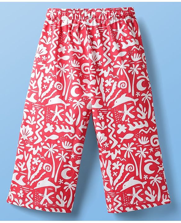 Pine Kids Single Jersey Knit Half Sleeves Co-ords Capri Night Suit With Tropical Theme Print - Red