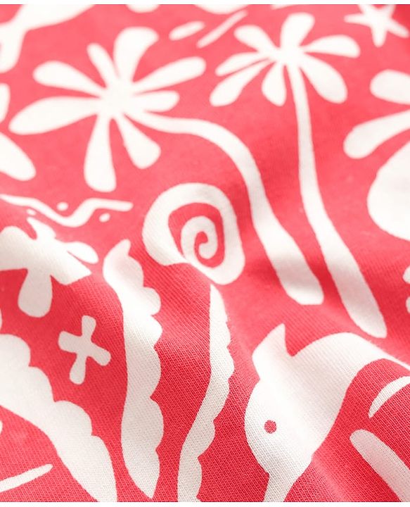 Pine Kids Single Jersey Knit Half Sleeves Co-ords Capri Night Suit With Tropical Theme Print - Red