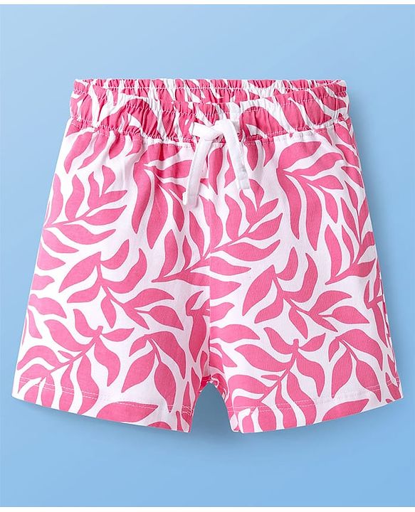 Pine Kids 100% Cotton Bio Washed Half Sleeves Shorts Night Suit With Leaves Print - White & Pink