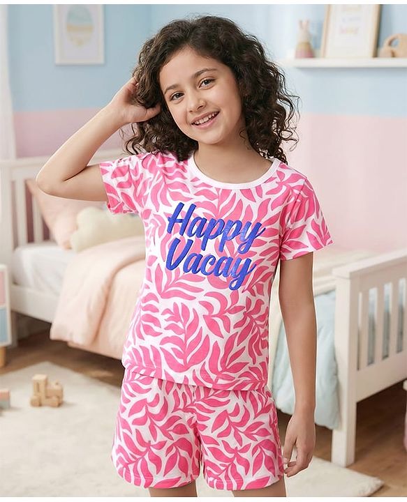 Pine Kids 100% Cotton Bio Washed Half Sleeves Shorts Night Suit With Leaves Print - White & Pink