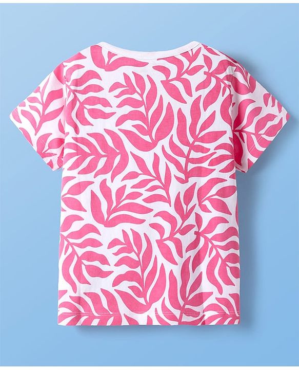Pine Kids 100% Cotton Bio Washed Half Sleeves Shorts Night Suit With Leaves Print - White & Pink