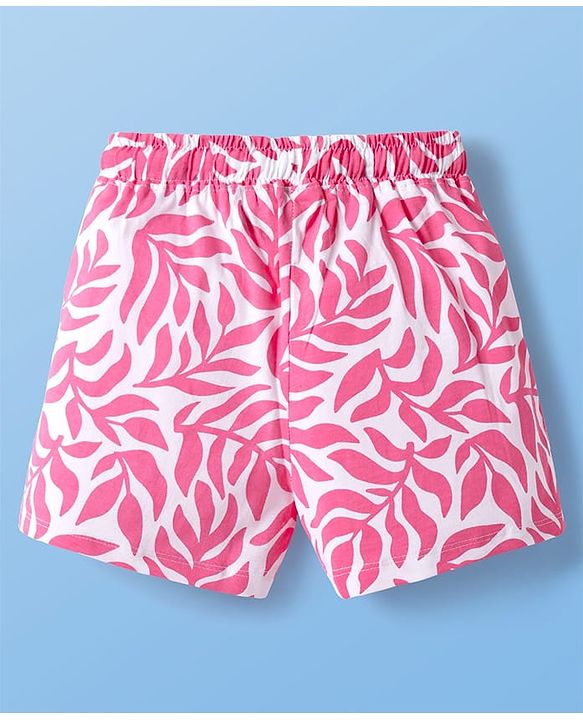 Pine Kids 100% Cotton Bio Washed Half Sleeves Shorts Night Suit With Leaves Print - White & Pink
