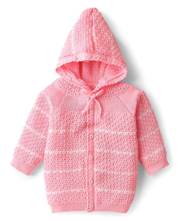 Babyhug Knit Full Raglan Sleeves Front Open Hooded Sweater Set with Booties & Stripes - Pink