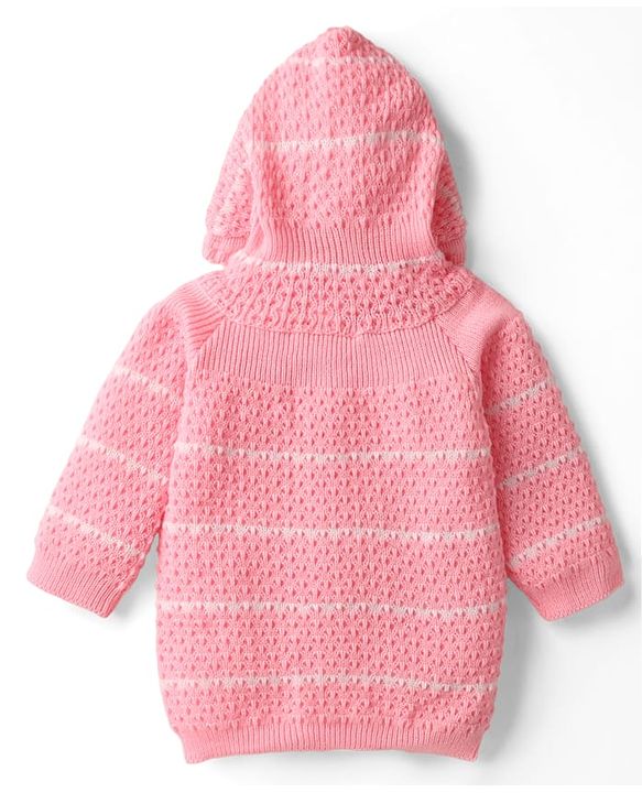 Babyhug Knit Full Raglan Sleeves Front Open Hooded Sweater Set with Booties & Stripes - Pink