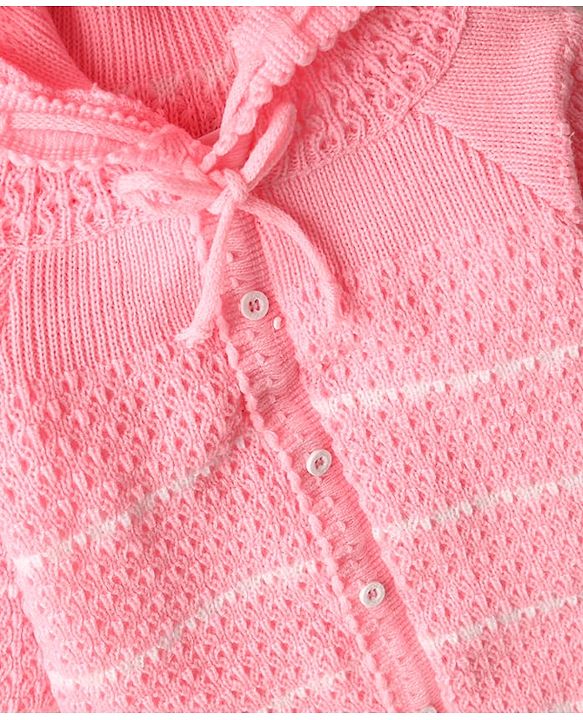 Babyhug Knit Full Raglan Sleeves Front Open Hooded Sweater Set with Booties & Stripes - Pink