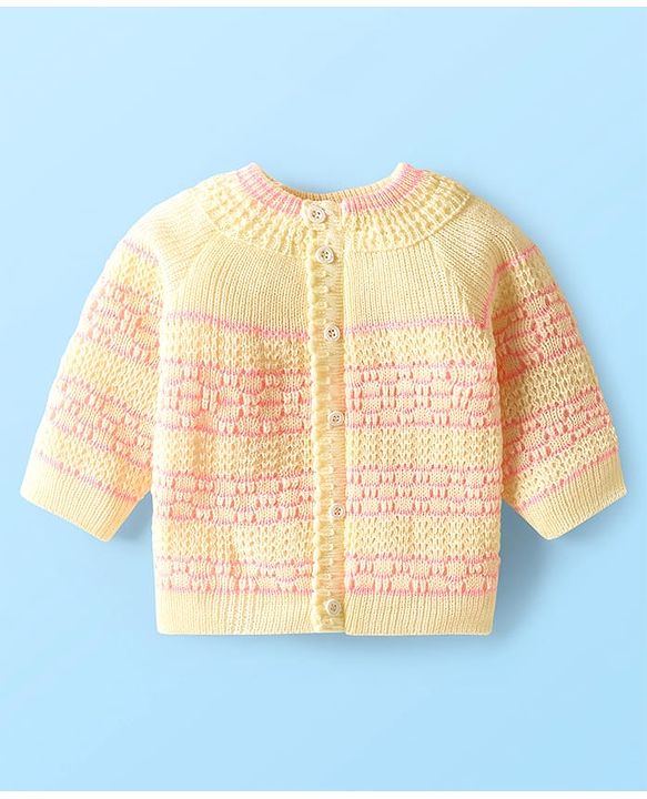 Babyhug Knit Full Sleeves Front Open Sweater Set with Stripe Designed Cap & Booties - Pink & White