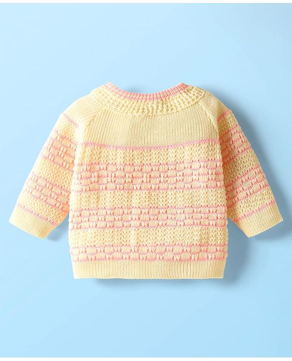 Babyhug Knit Full Sleeves Front Open Sweater Set with Stripe Designed Cap & Booties - Pink & White