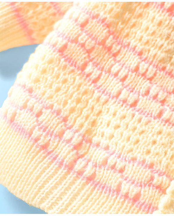 Babyhug Knit Full Sleeves Front Open Sweater Set with Stripe Designed Cap & Booties - Pink & White