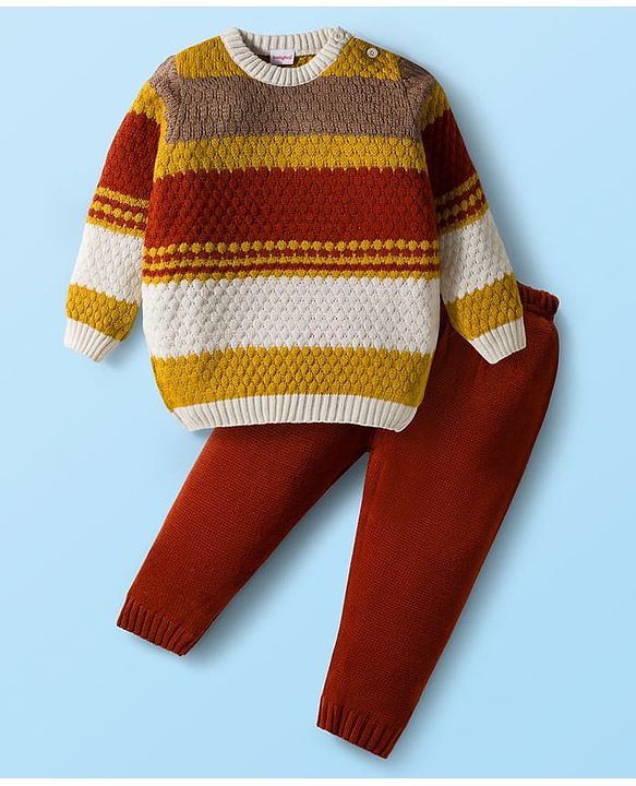Babyhug Knit Full Sleeves Pullover Sweater & Pant Set with Color Block Design - Mustard & Brown