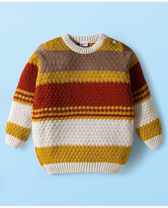 Babyhug Knit Full Sleeves Pullover Sweater & Pant Set with Color Block Design - Mustard & Brown