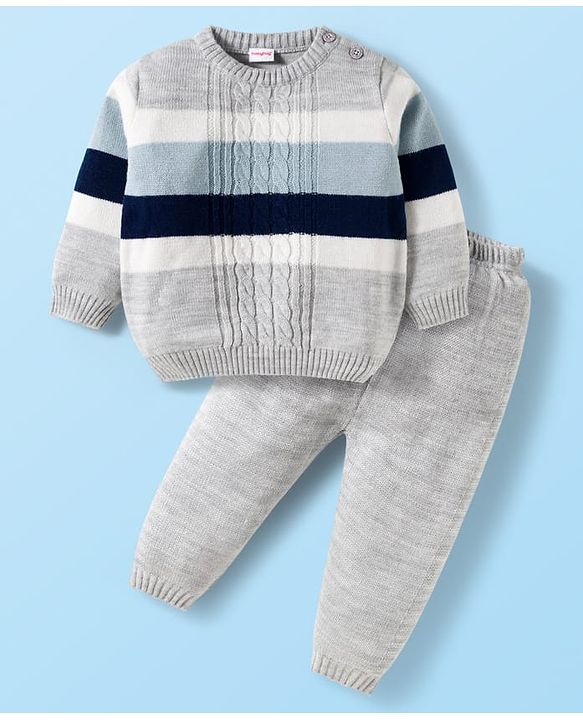 Babyhug Knit Full Sleeves Sweater Set with Stripes & Cable Knit Design - Grey & Light Blue
