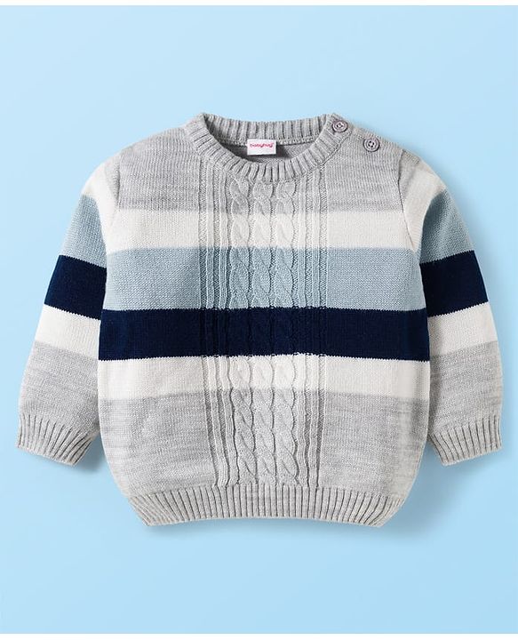 Babyhug Knit Full Sleeves Sweater Set with Stripes & Cable Knit Design - Grey & Light Blue
