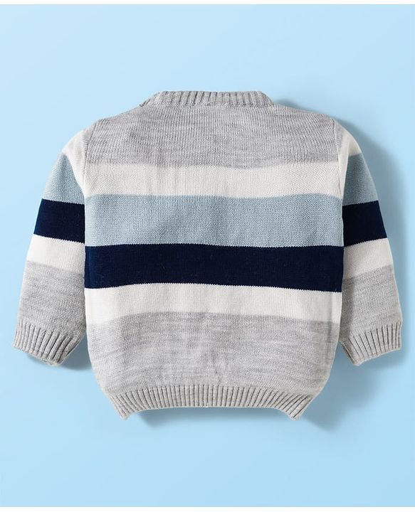 Babyhug Knit Full Sleeves Sweater Set with Stripes & Cable Knit Design - Grey & Light Blue