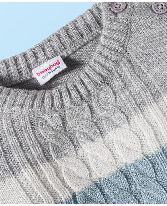 Babyhug Knit Full Sleeves Sweater Set with Stripes & Cable Knit Design - Grey & Light Blue