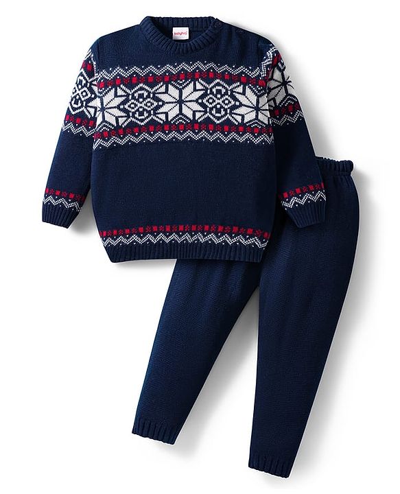 Babyhug Knit Full Sleeves Pullover Sweater & Pant Set with Fair Isle Design - Navy Blue