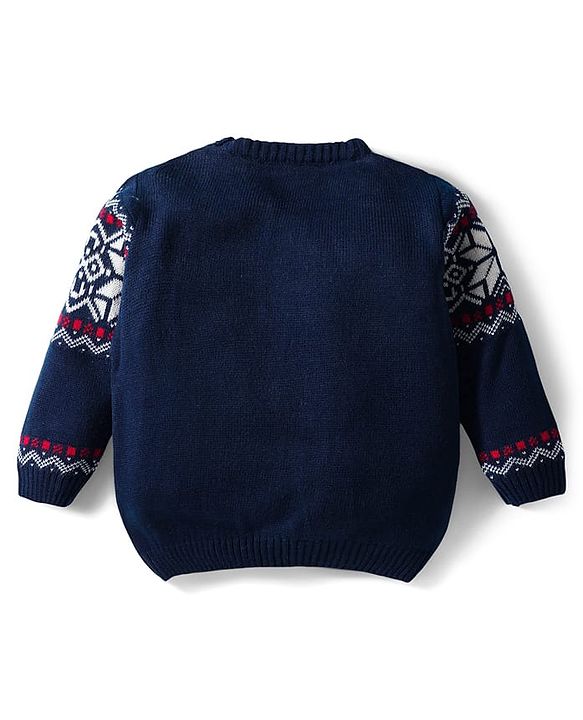 Babyhug Knit Full Sleeves Pullover Sweater & Pant Set with Fair Isle Design - Navy Blue