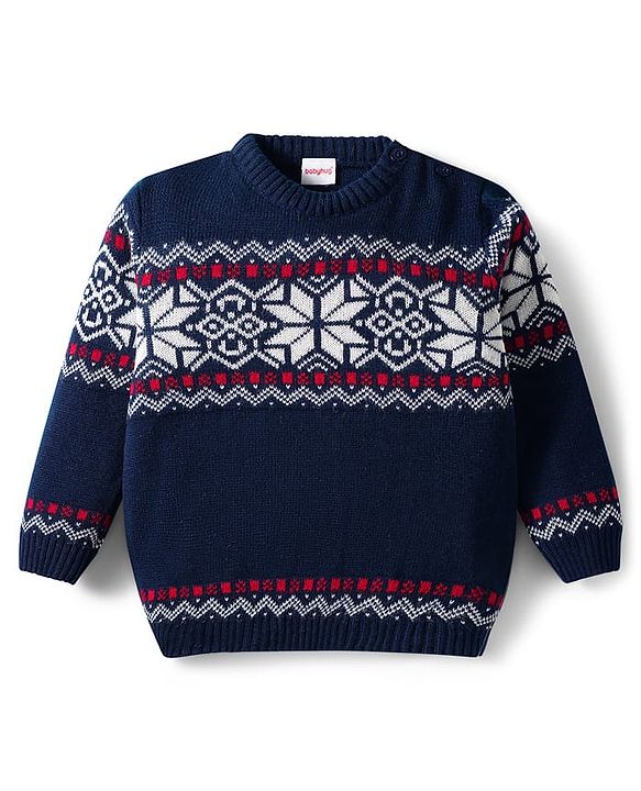 Babyhug Knit Full Sleeves Pullover Sweater & Pant Set with Fair Isle Design - Navy Blue
