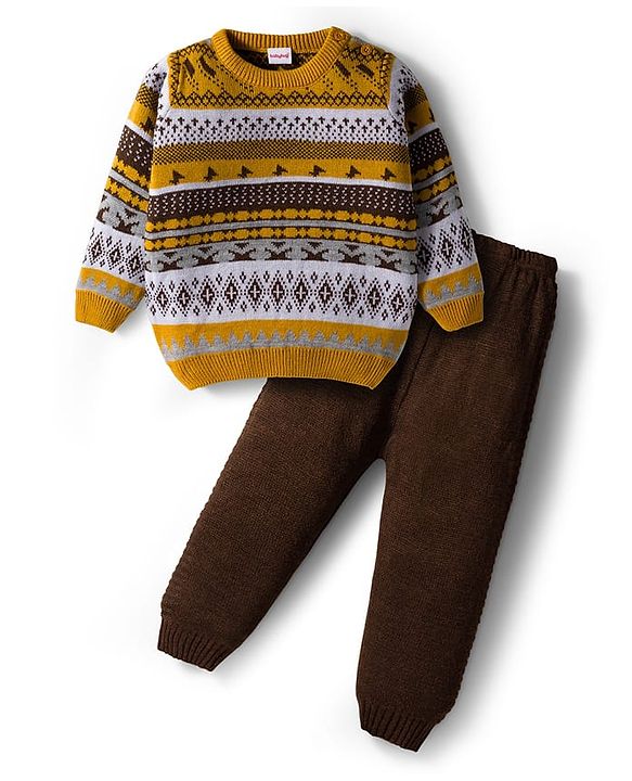 Babyhug Knit Full Sleeves Pullover Sweater & Pant Set with Fair Isle Design - Mustard & Brown