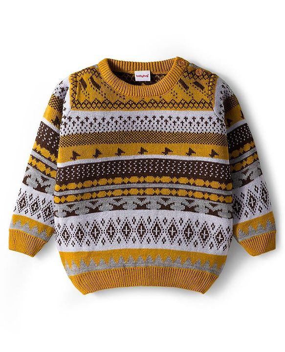 Babyhug Knit Full Sleeves Pullover Sweater & Pant Set with Fair Isle Design - Mustard & Brown