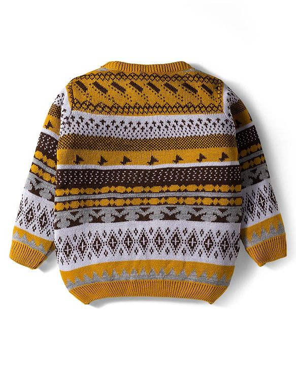 Babyhug Knit Full Sleeves Pullover Sweater & Pant Set with Fair Isle Design - Mustard & Brown