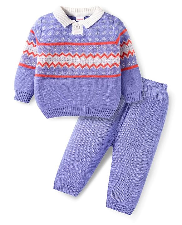 Babyhug Knit Full Sleeves Sweater Set with Design - Lavender