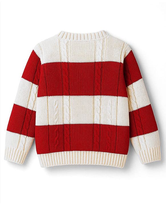 Babyhug Knit Full Sleeves Front Open Sweater With Stripes Design- Red & White
