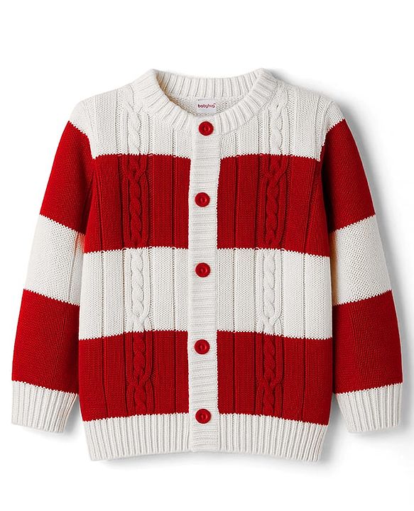 Babyhug Knit Full Sleeves Front Open Sweater With Stripes Design- Red & White